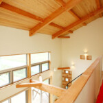 リビング上部のハイサイドライトは開閉可能で、自然な通風を確保。光と風をコントロールします。 館山の家 リビング吹抜け 無垢材の仕上げと大開口のある空間