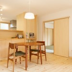 ダイニングとリビングを造作家具によってゆるく区切ります。既存の柱はホゾを埋めたのみでアラワシ仕上げです。新旧のコントラクトを楽みます。 さんむの家 LDK