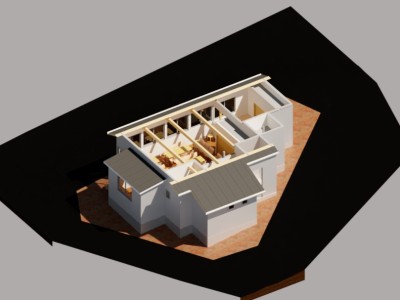 建物内部の構成や柱・梁の架構が確認できるBIMモデルの俯瞰レンダリング。地域の集会や行事が行われる広いホールを中心に、エントランスや多目的室の配置も視認できます。変形敷地に合わせたレイアウトの工夫も表れています。 わらびが丘自治会館のBIMモデルを俯瞰で表示したレンダリング画像。屋根を外した状態で内部構造が見え、中央に広いホールと周囲に部屋が配置された設計が分かる。